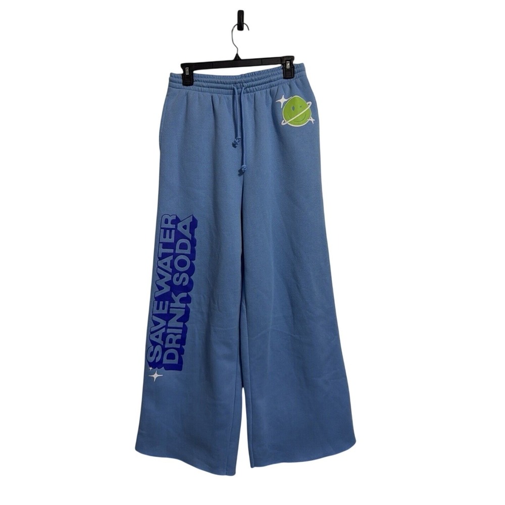 Poppi Save Water Drink Soda Wide Leg Sweatpants Blue Graphic Fleece Pants MeD